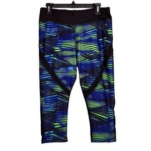 Danskin Now Capri Leggings Womens Large Blue Green Geometric Print Mesh Athletic
